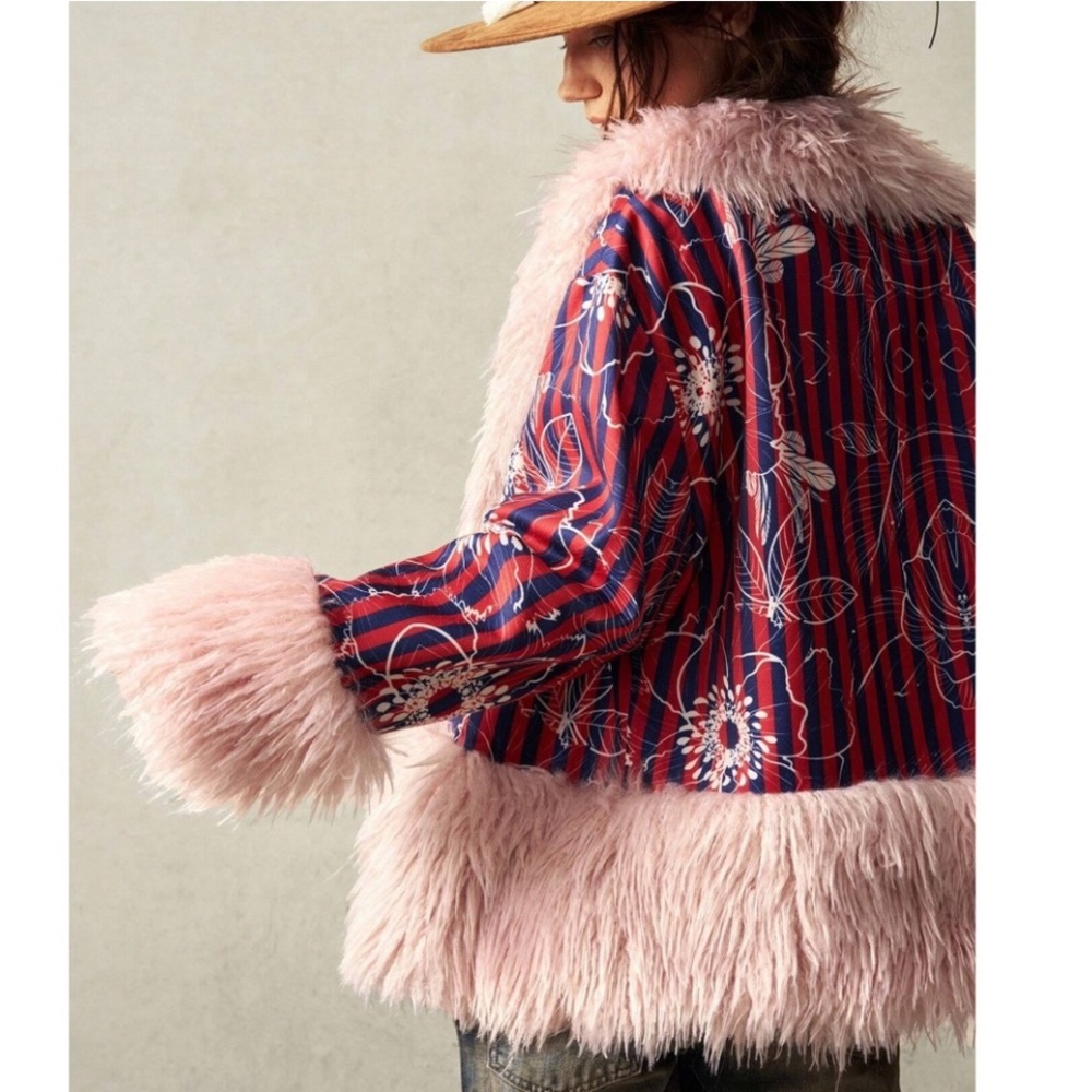 Boho Faux Fur Floral Print Long Sleeve Jacket Coat - Picture 2 of 9